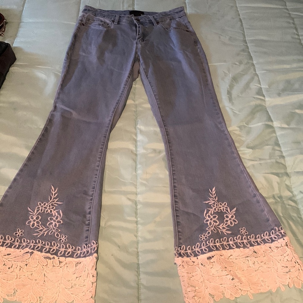Lace bottom blue jeans